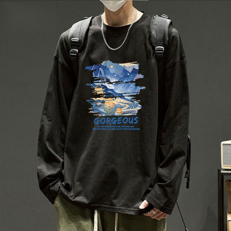 メンズ長袖カジュアルTシャツ ブラック地にプリント柄