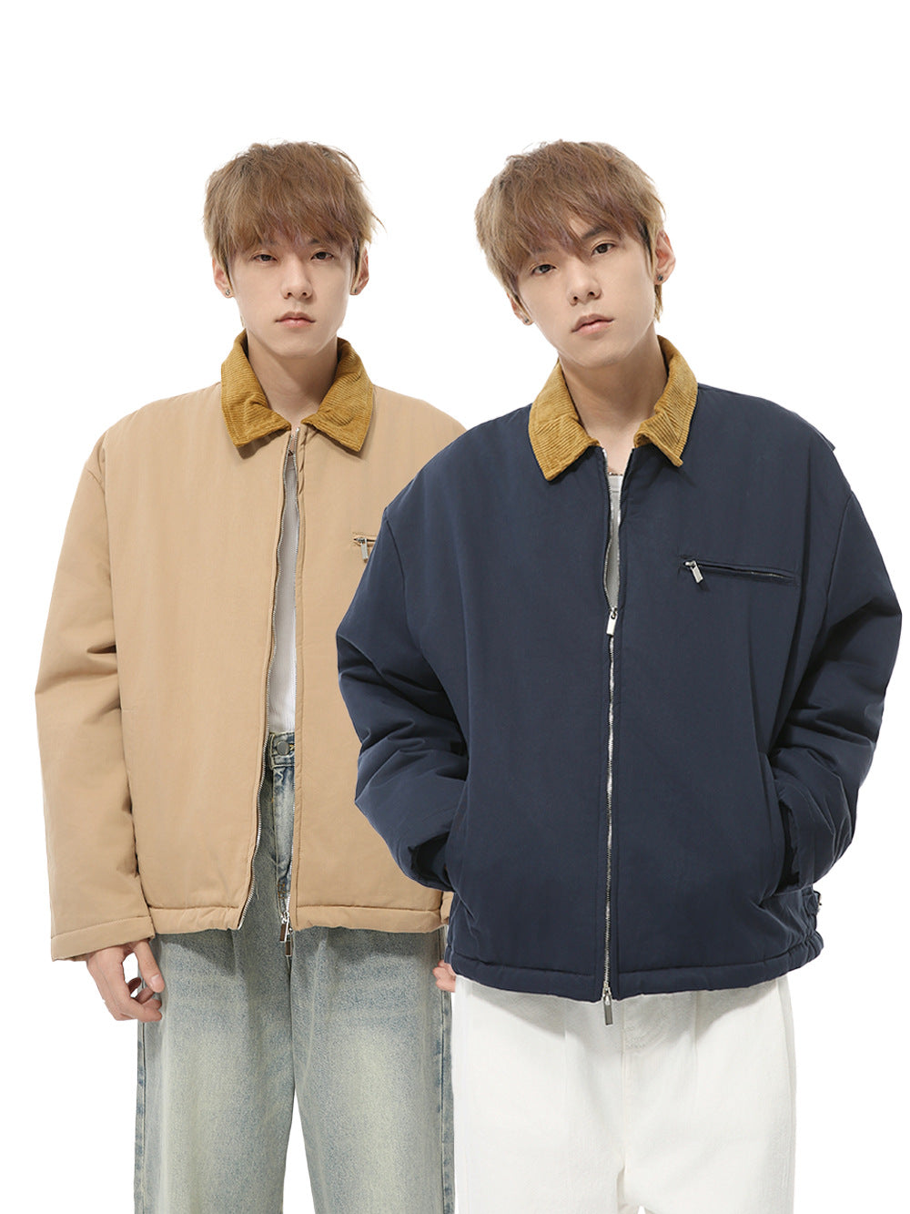 ラペル付き中綿ジップジャケット（カーキとネイビー、フロントポケットあり）