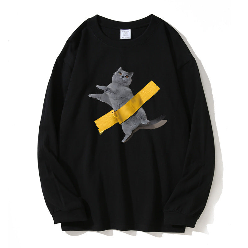 長袖Tシャツ メンズ — 猫プリントのゆったりコットンロンT