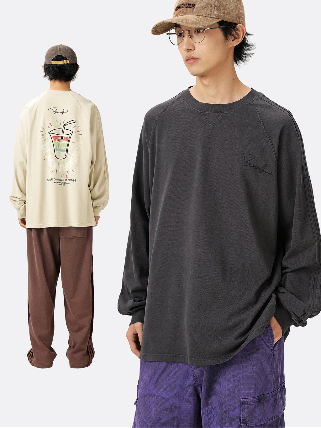 チャコール長袖Tシャツ クルーネック 前面の小さめロゴプリント