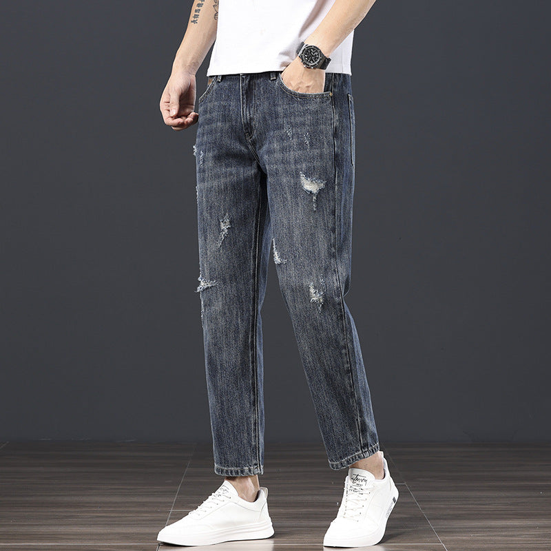 メンズデニムパンツ グレー系 ダメージリップド ストレート