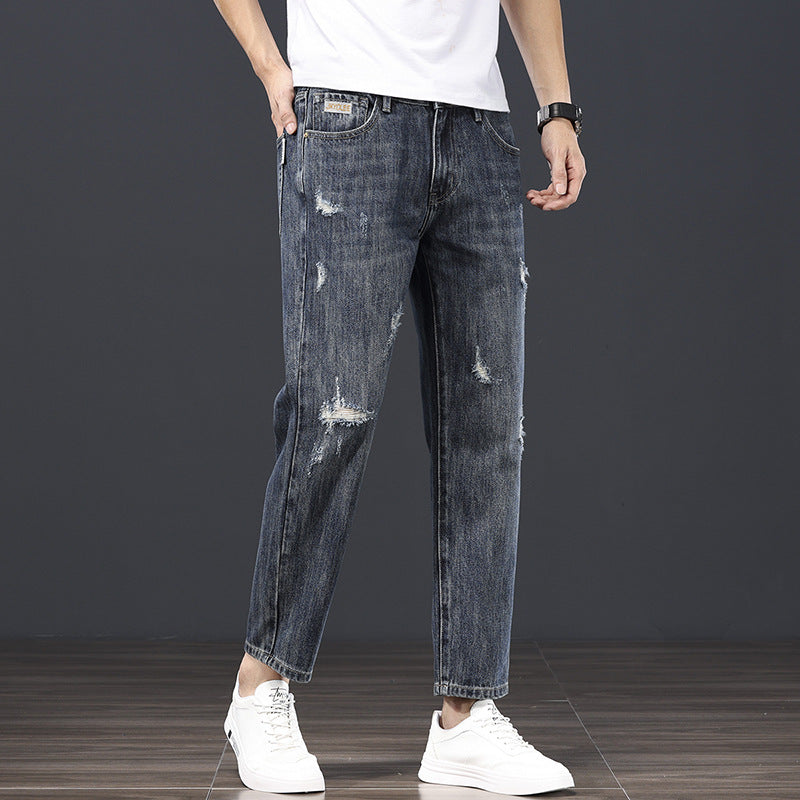 メンズデニムパンツ グレー系 リップド＆ウォッシュ加工 ストレート