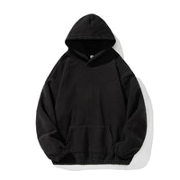 フード付きスウェットシャツ（黒）フロントポケット付き、オーバーサイズシルエット