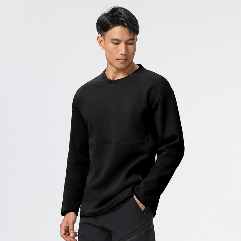 ニアオジアのブラック長袖ラウンドネックTシャツ、サイドポケット付き