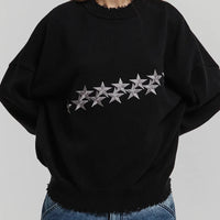 ニットセーター メンズ — 星の刺繍とダメージ加工が映えるオーバーサイズのウールクルーネック