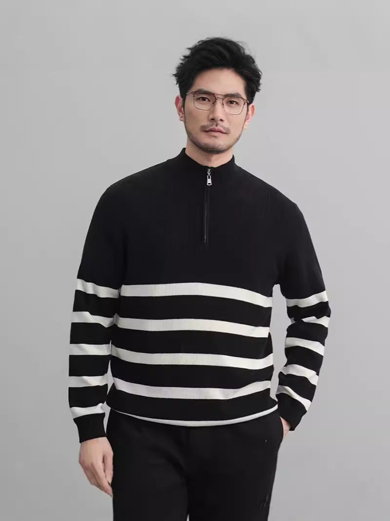 メンズニットセーター（ブラック×白ボーダー）ハーフタートル半開ジップ長袖
