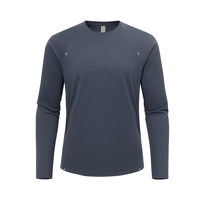 メンズ長袖速乾スポーツTシャツ（グレー、丸首）