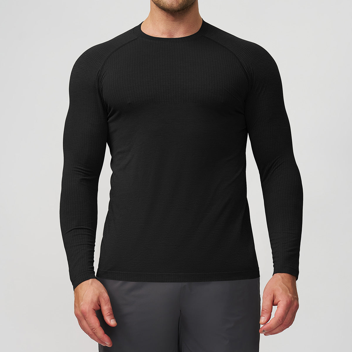 メンズのシームレス長袖スポーツTシャツ（ブラック）