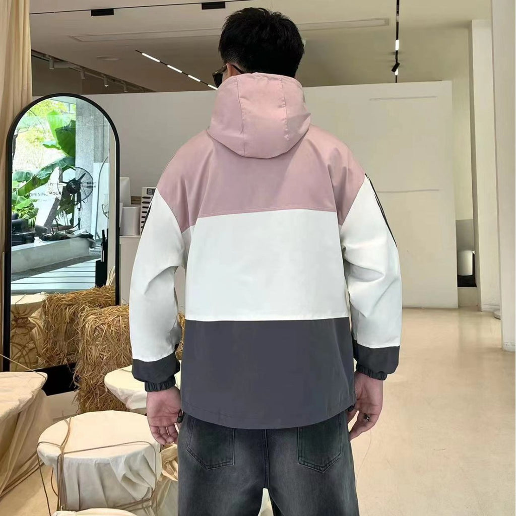 メンズフード付きジャケット、背面フード付き、ピンク×白×チャコールの切替