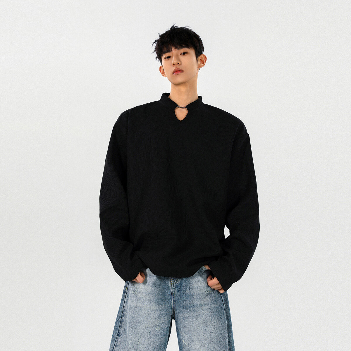 ワッフル長袖Tシャツ メンズ — スタンドカラーのオーバーサイズカットソー コットン素材