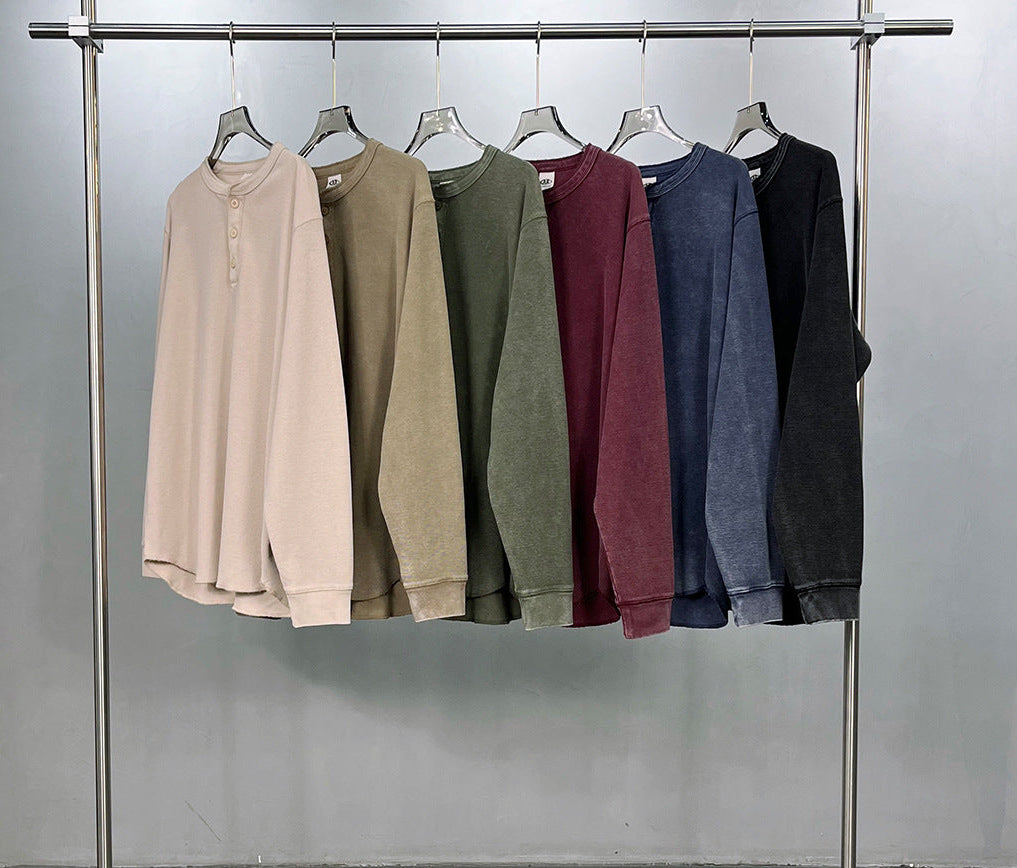 長袖ヘンリーネックTシャツ、ワッフル織りのボタン付き複数色セット