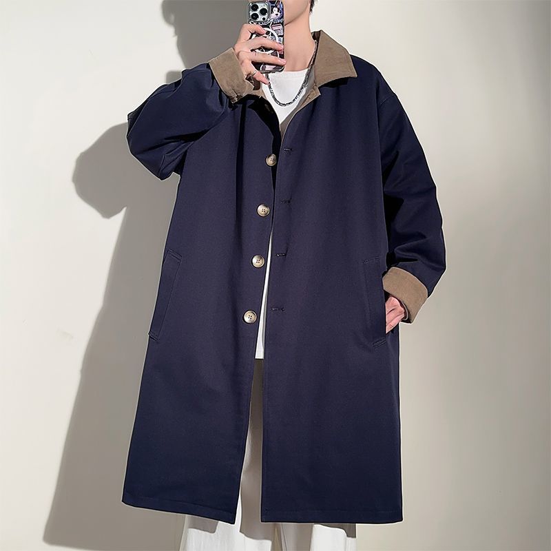 メンズ トレンチコート ネイビー 襟付きロング丈 フロントボタン留め