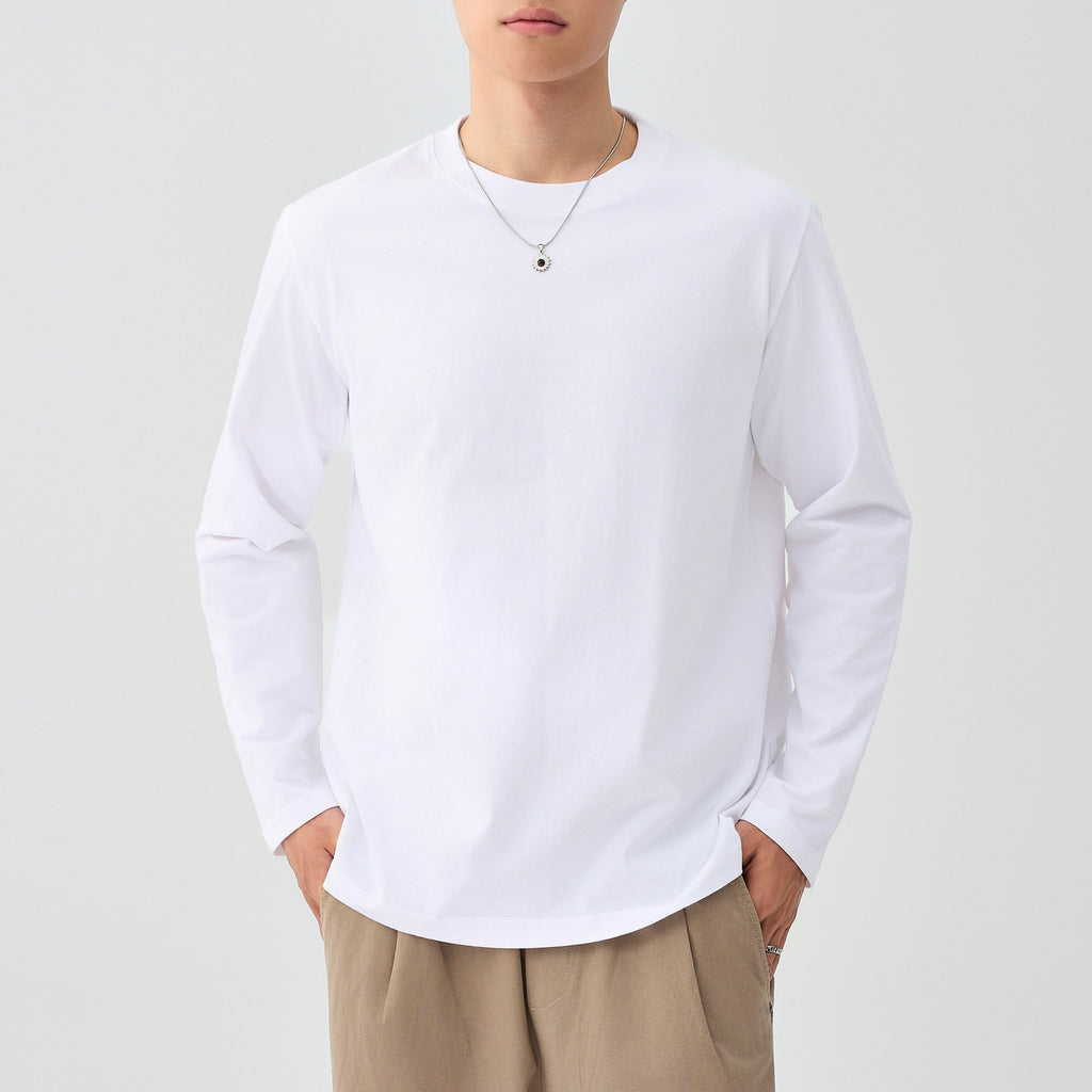 メンズ無地長袖Tシャツ（白）クルーネック、長い袖口