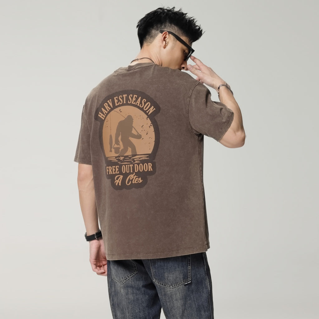 メンズ ウォッシュドヘビーコットンTシャツ — アメリカンレトロバックプリントのビッグシルエット