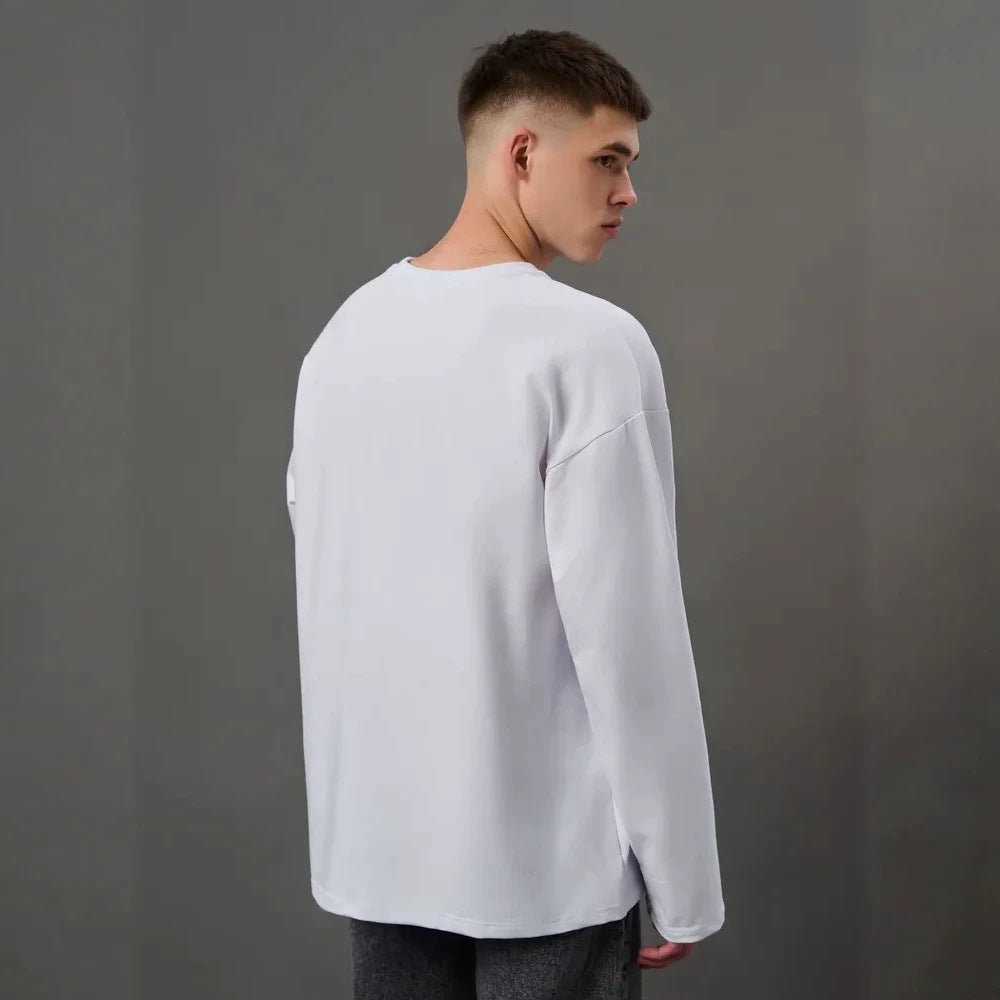 メンズ用ゆったり長袖Tシャツ（ホワイト、背面側）