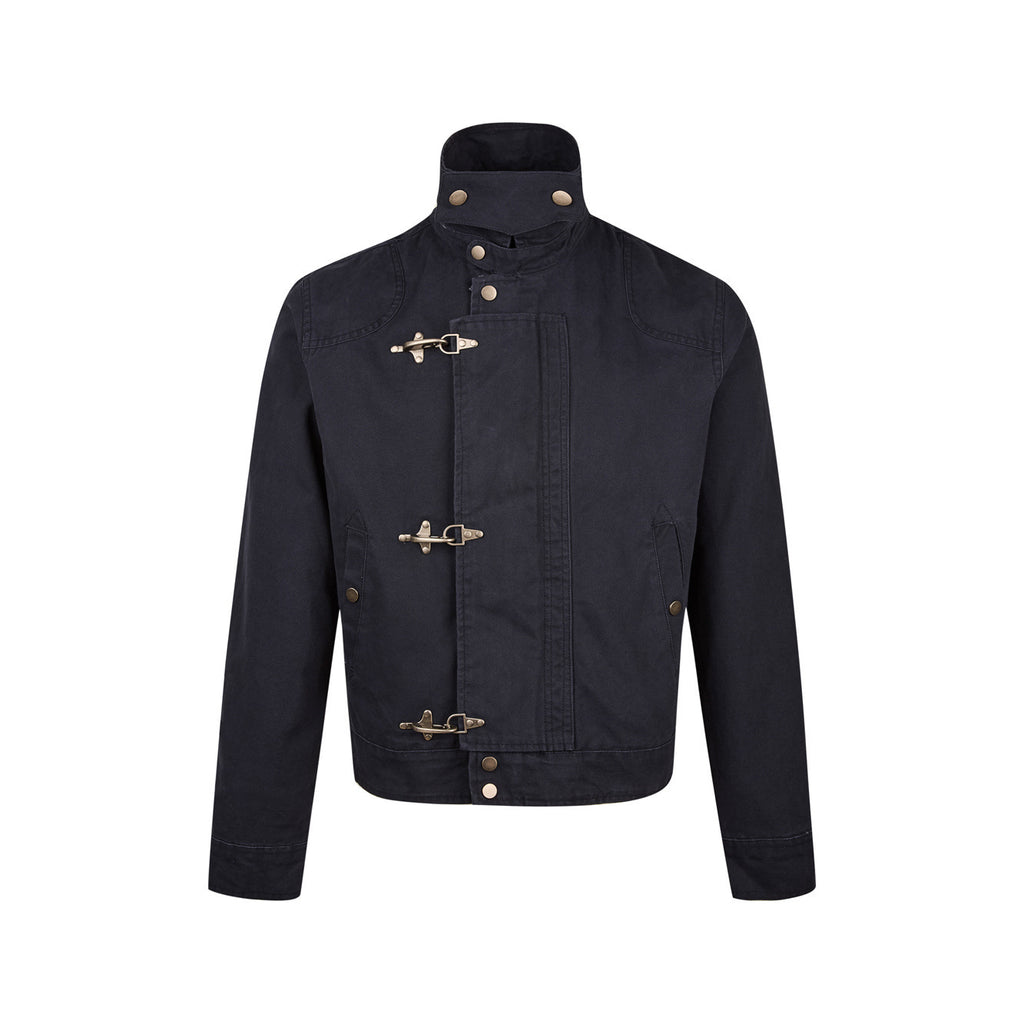 バックル付き短丈ジャケット ネイビー色 スタンドカラー