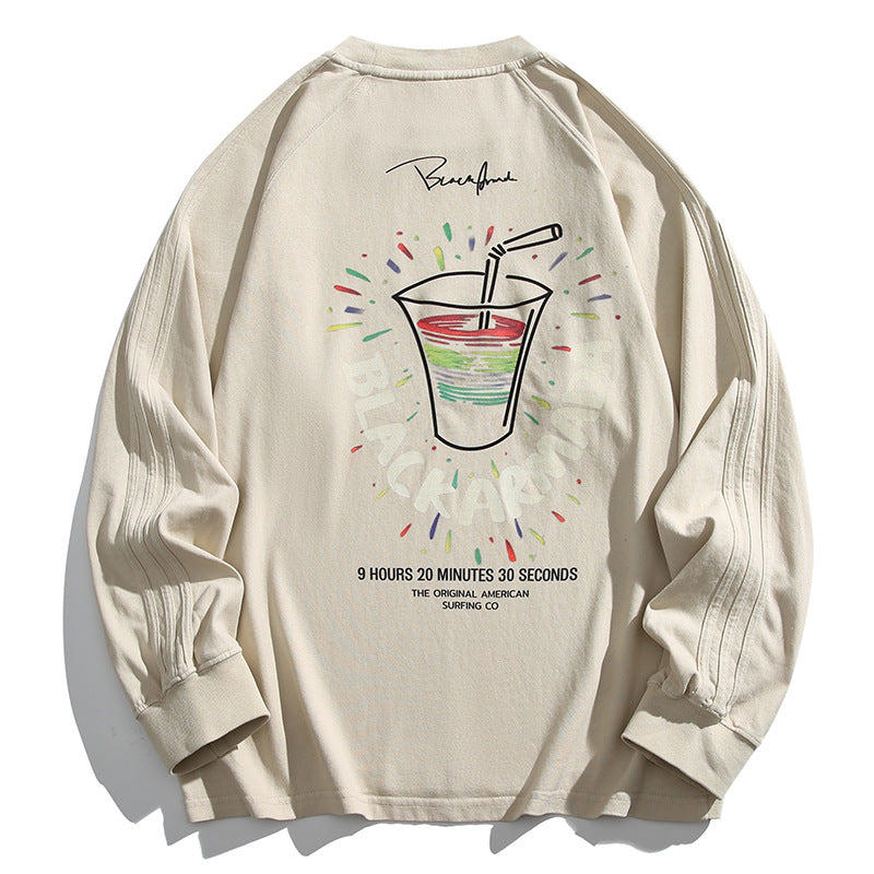 ベージュ長袖Tシャツ 背面のカッププリント クルーネック