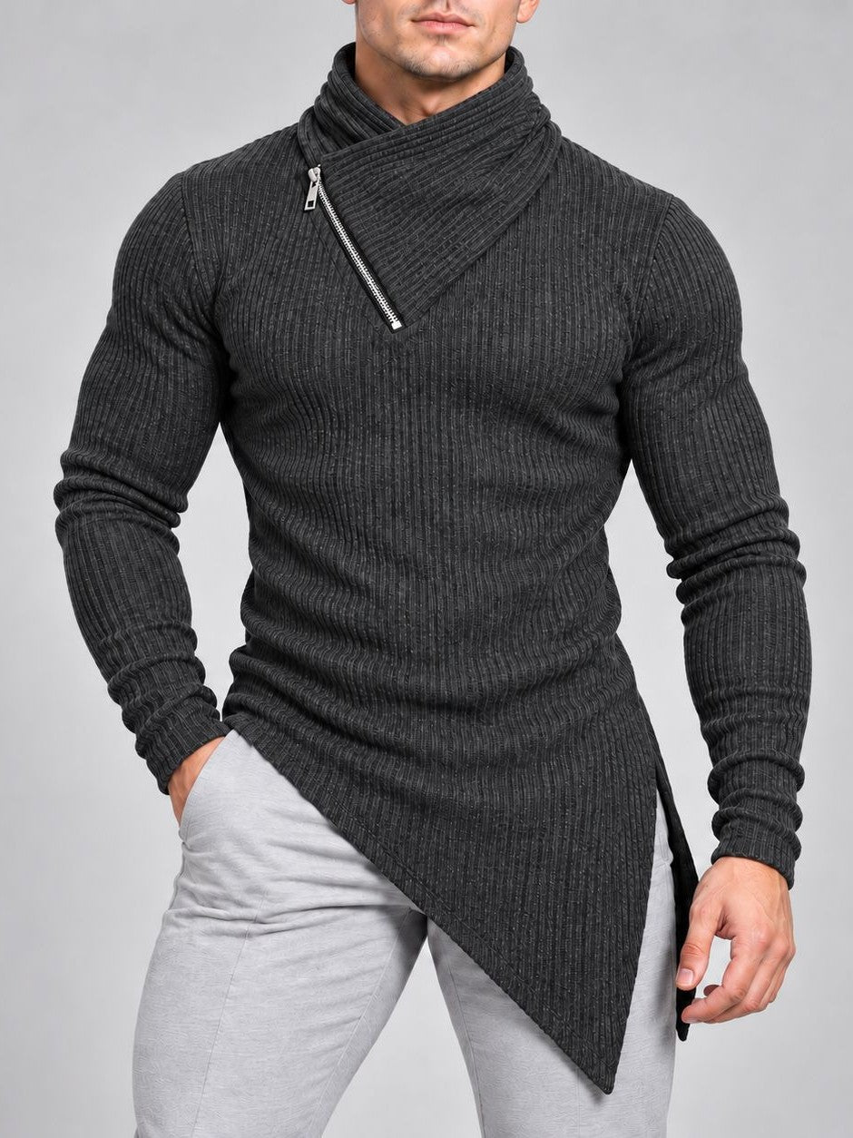 メンズの黒いリブ編みパイル風ハイネック長袖Tシャツ、斜めカット裾とジップ風装飾