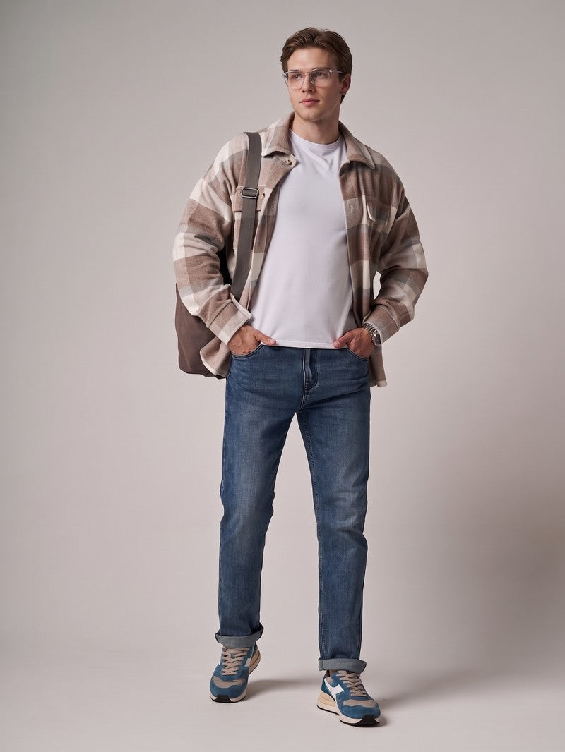 メンズデニムパンツ、ヴィンテージ加工のワイドシルエット（ブルー）