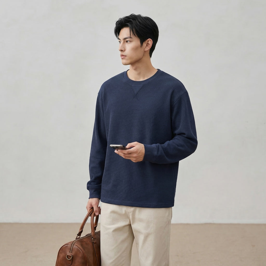 サーマル長袖Tシャツ メンズ — ワッフル編みコットンのリラックスカットソー