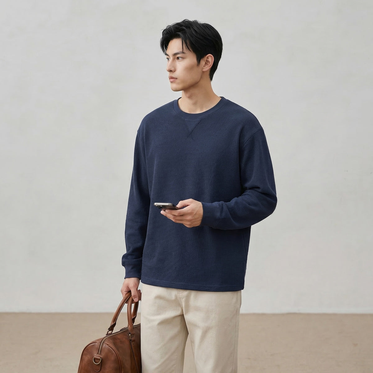 サーマル長袖Tシャツ メンズ — ワッフル編みコットンのリラックスカットソー