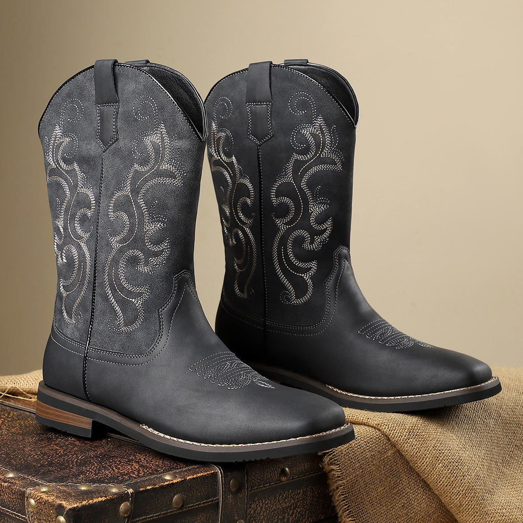 メンズ ミッドカーフブーツ グレー系 透かし調エンブロイダリー 2足