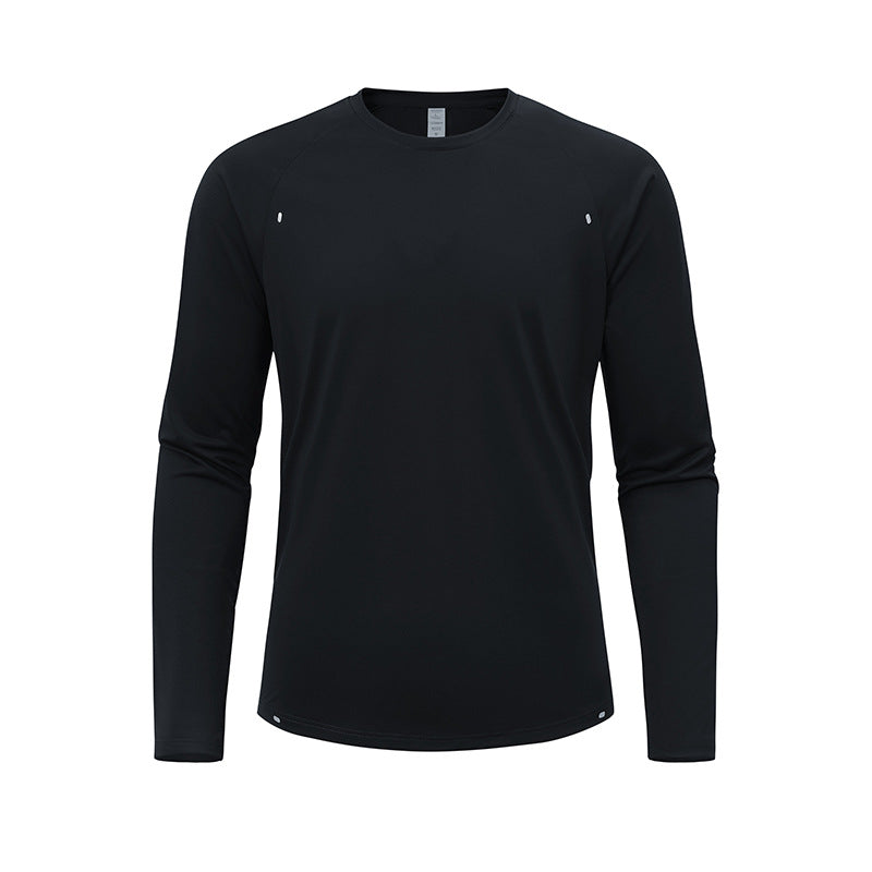 メンズ長袖速乾スポーツTシャツ（ブラック、丸首）
