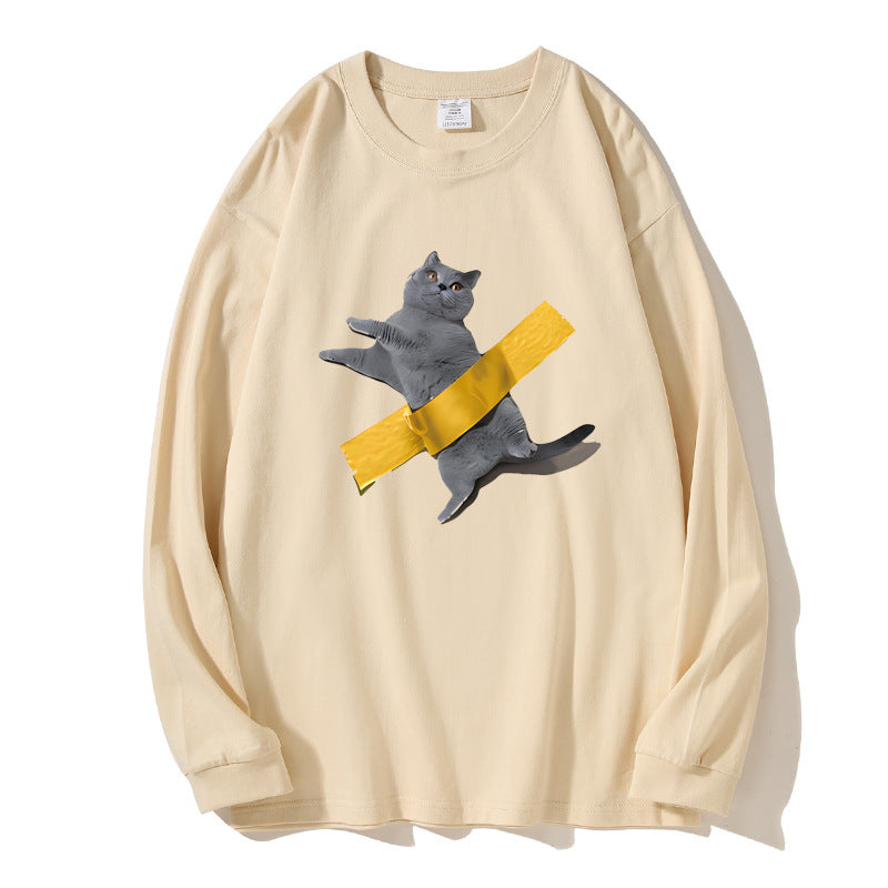 長袖Tシャツ メンズ — 猫プリントのゆったりコットンロンT