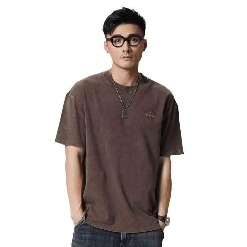 メンズ ウォッシュドヘビーコットンTシャツ — アメリカンレトロバックプリントのビッグシルエット