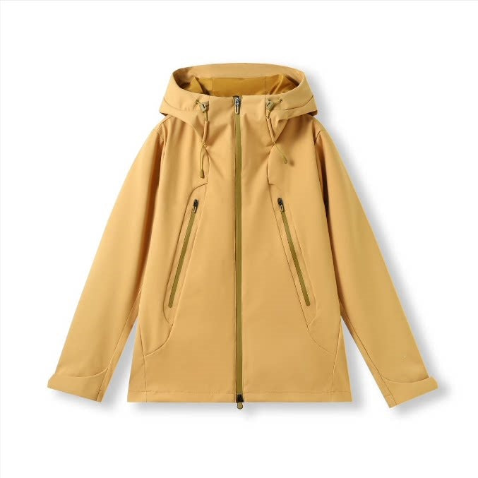 イエローのフード付きウィンドブレーカー、フロントジップとサイドジップポケット