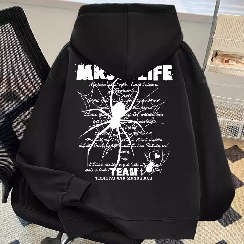 プリントパーカー メンズ — スパイダーグラフィックの裏起毛オーバーサイズフーディー