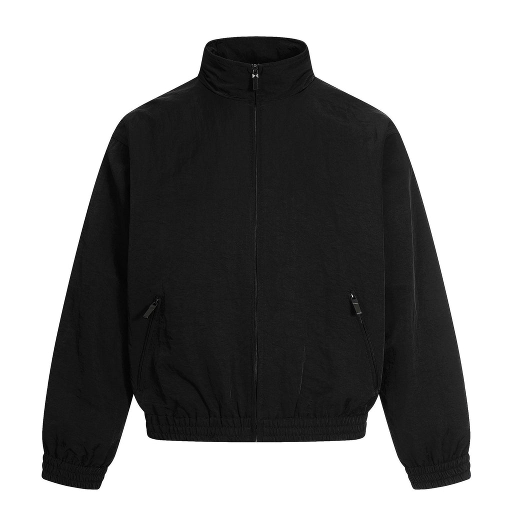 黒のメンズ用スタンドカラー・ウインドブレーカー、前開きジップ