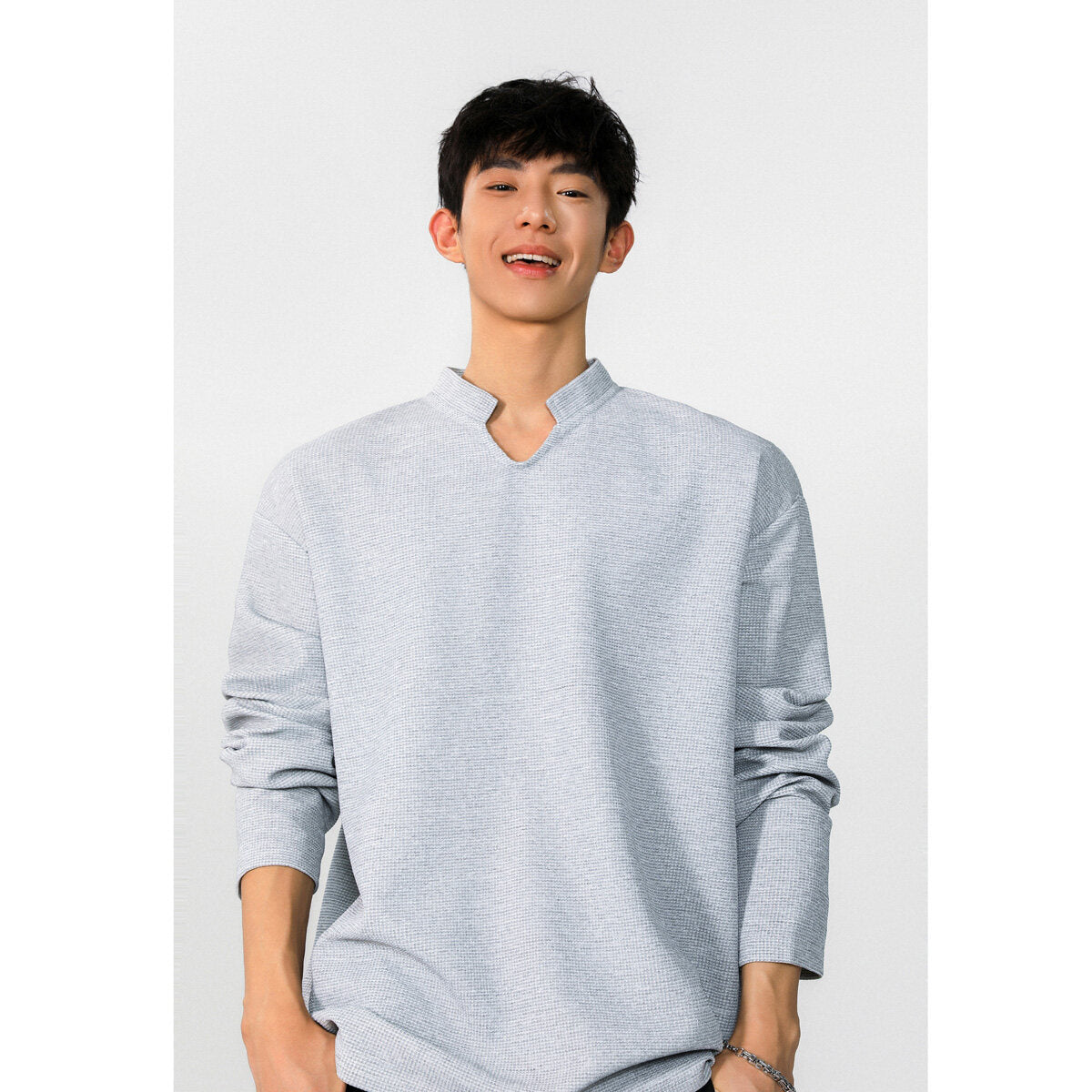 ワッフル長袖Tシャツ メンズ — スタンドカラーのオーバーサイズカットソー コットン素材