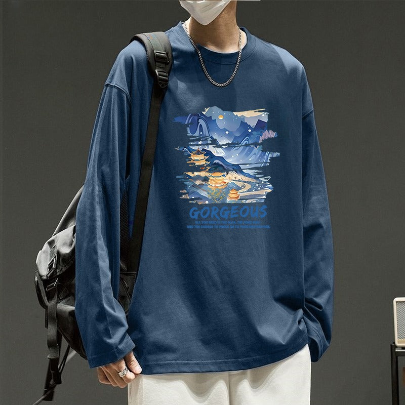 メンズ長袖カジュアルTシャツ ネイビー地にプリント柄