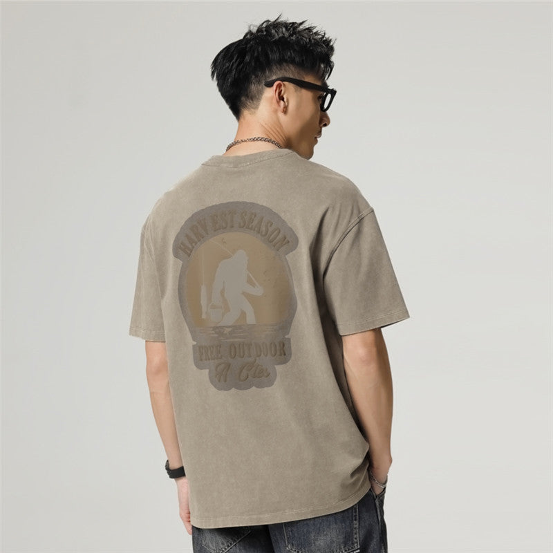 メンズ ウォッシュドヘビーコットンTシャツ — アメリカンレトロバックプリントのビッグシルエット