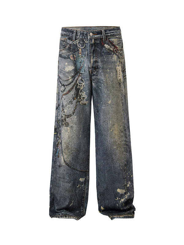 ダークグレーのワイドストレートジーンズ、フロント全面のグラフィックプリント