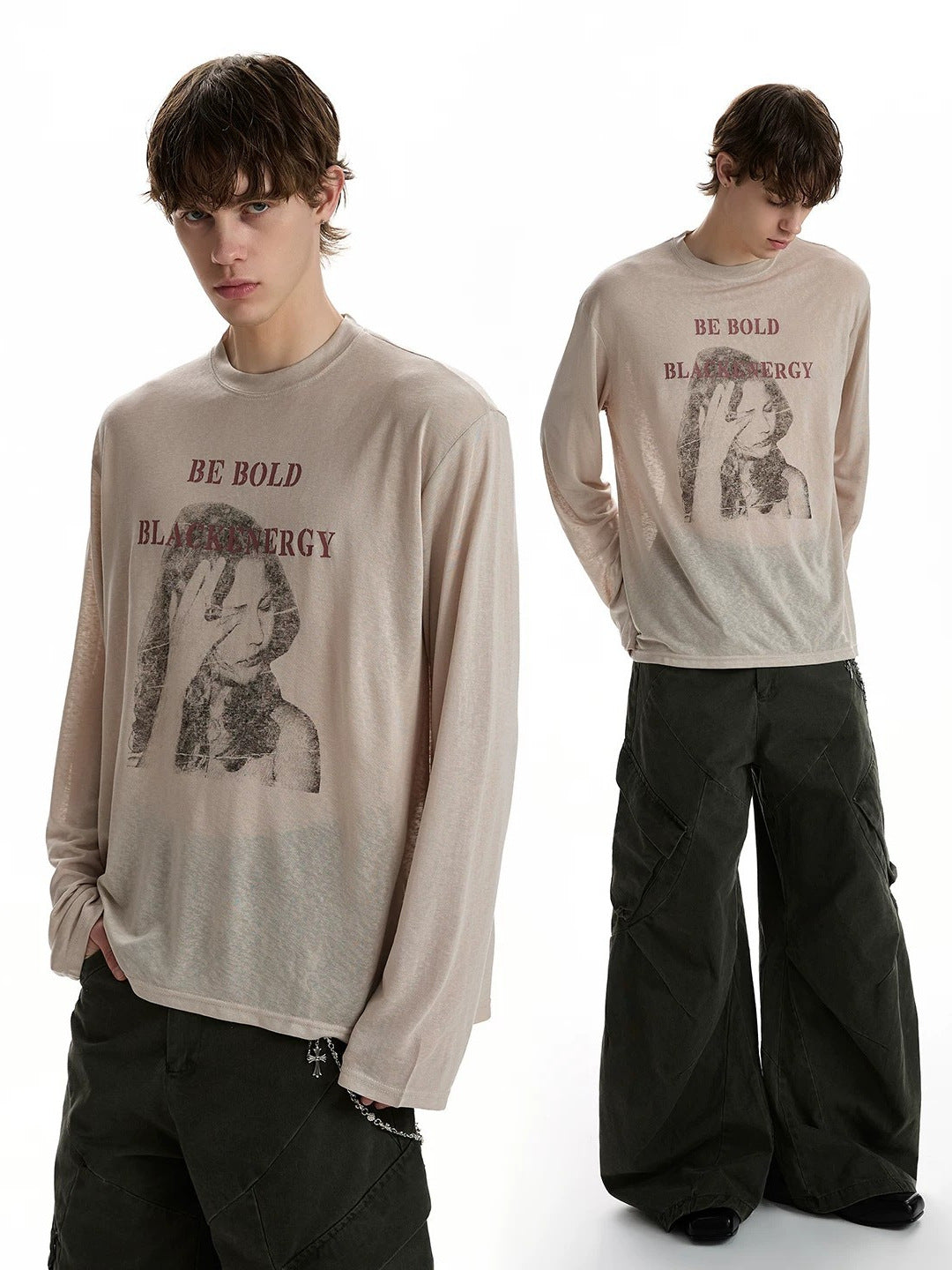 長袖Tシャツ メンズ — フォトプリントが映えるオーバーサイズのコットンロンT