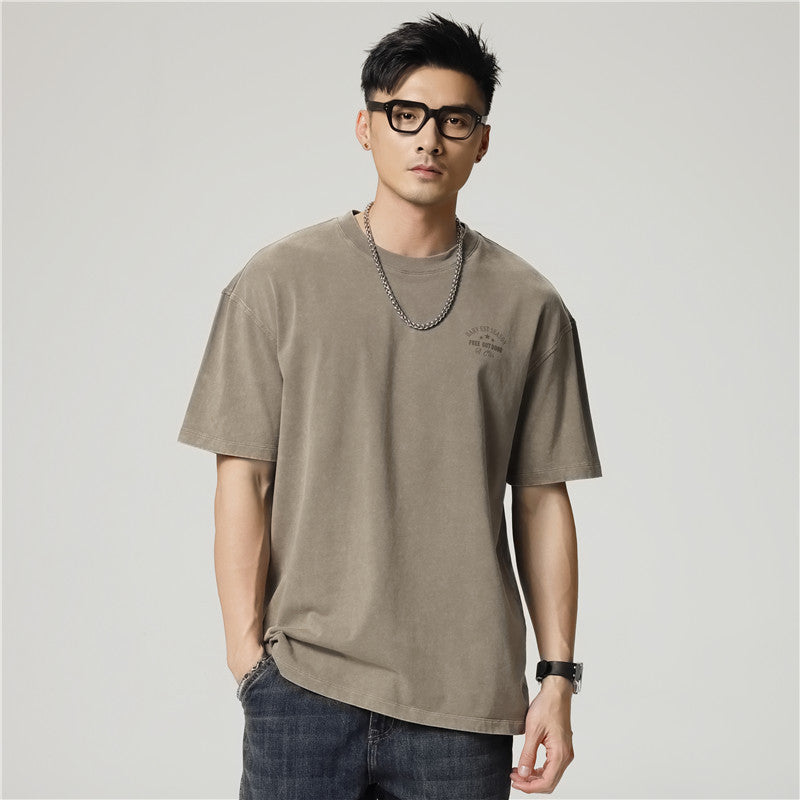 メンズ ウォッシュドヘビーコットンTシャツ — アメリカンレトロバックプリントのビッグシルエット
