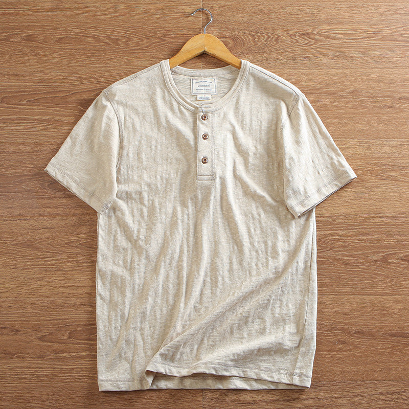 メンズ コットンリネン半袖ヘンリーネックTシャツ — 木製ボタンの通気性ナチュラルカジュアルウェア