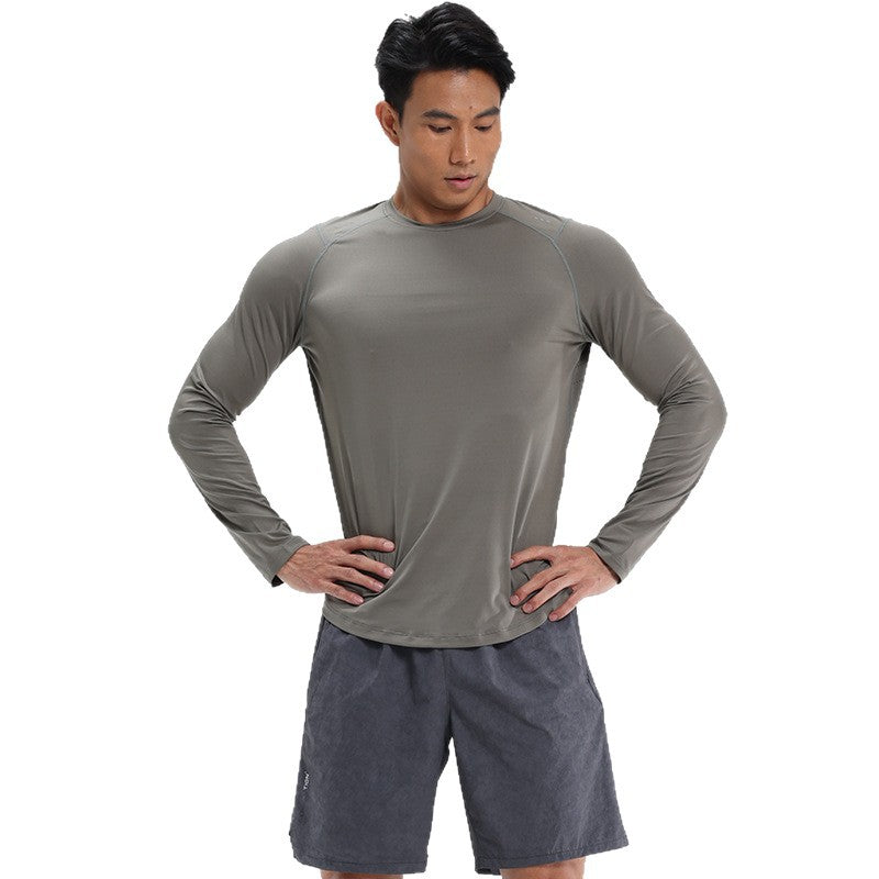 メンズ用グレーのラウンドネック長袖トレーニングシャツ（スリム）