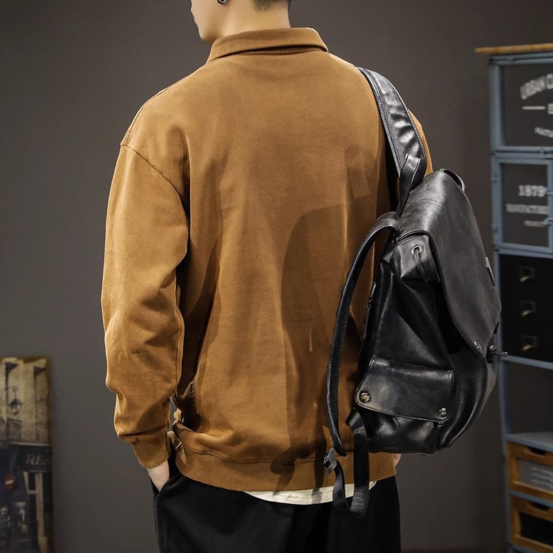 襟付きスウェット メンズ — ポロカラーとウォッシュ加工が効いたオーバーサイズの厚手コットントレーナー