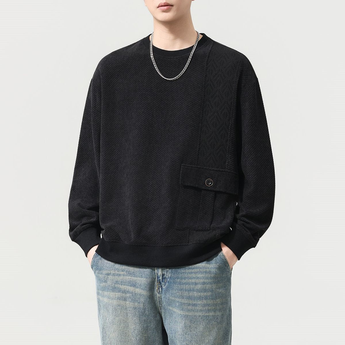 メンズスウェットシャツ ラウンドネック 長袖 胸フラップポケット ブラック
