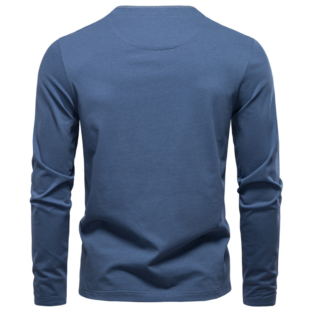 メンズ長袖ヘンリーネックTシャツ ブルー 背面シンプルデザイン
