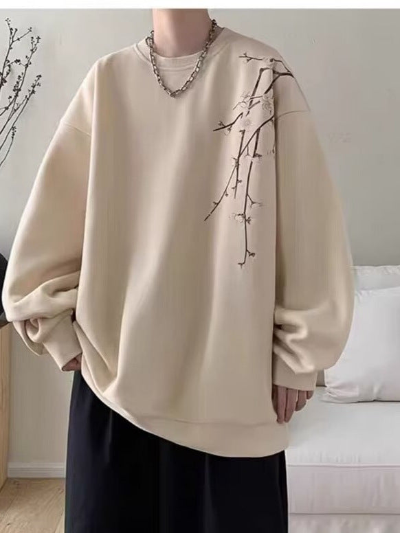 花柄スウェット メンズ — 梅刺繍のオーバーサイズコットントレーナー