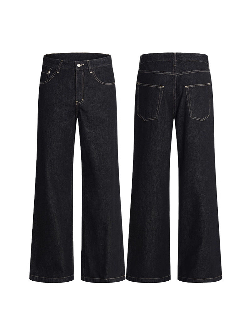 黒のデニムジーンズ、前後デザインが分かる2ビュー