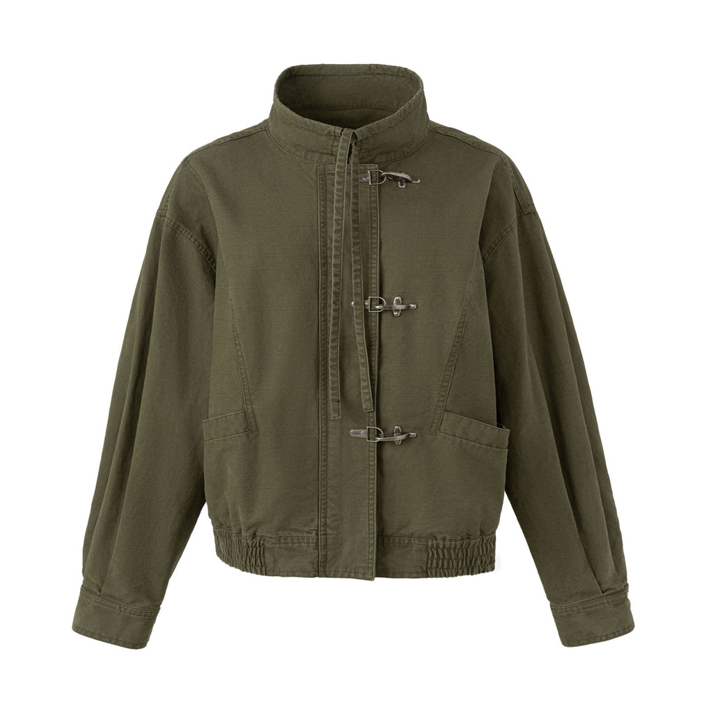 アーミーグリーンのスタンドカラー作業ジャケット フロント留め