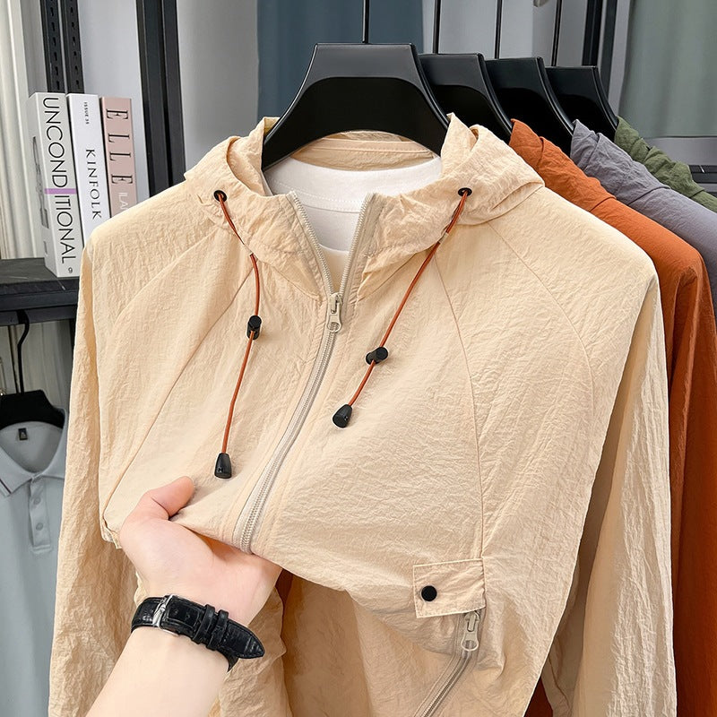 UVカットパーカー メンズ — 薄手ナイロンの日焼け防止フルジップジャケット