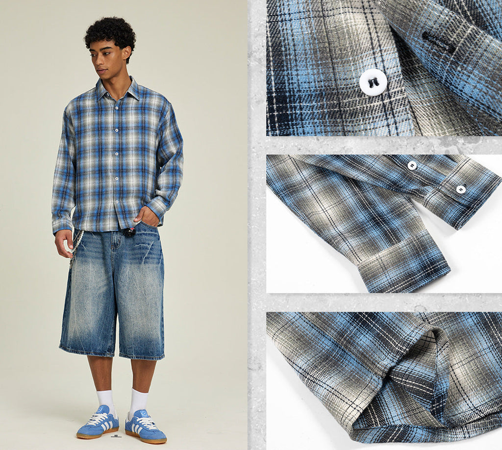 青×白チェック柄シャツの襟・ボタン・袖口アップ（長袖）