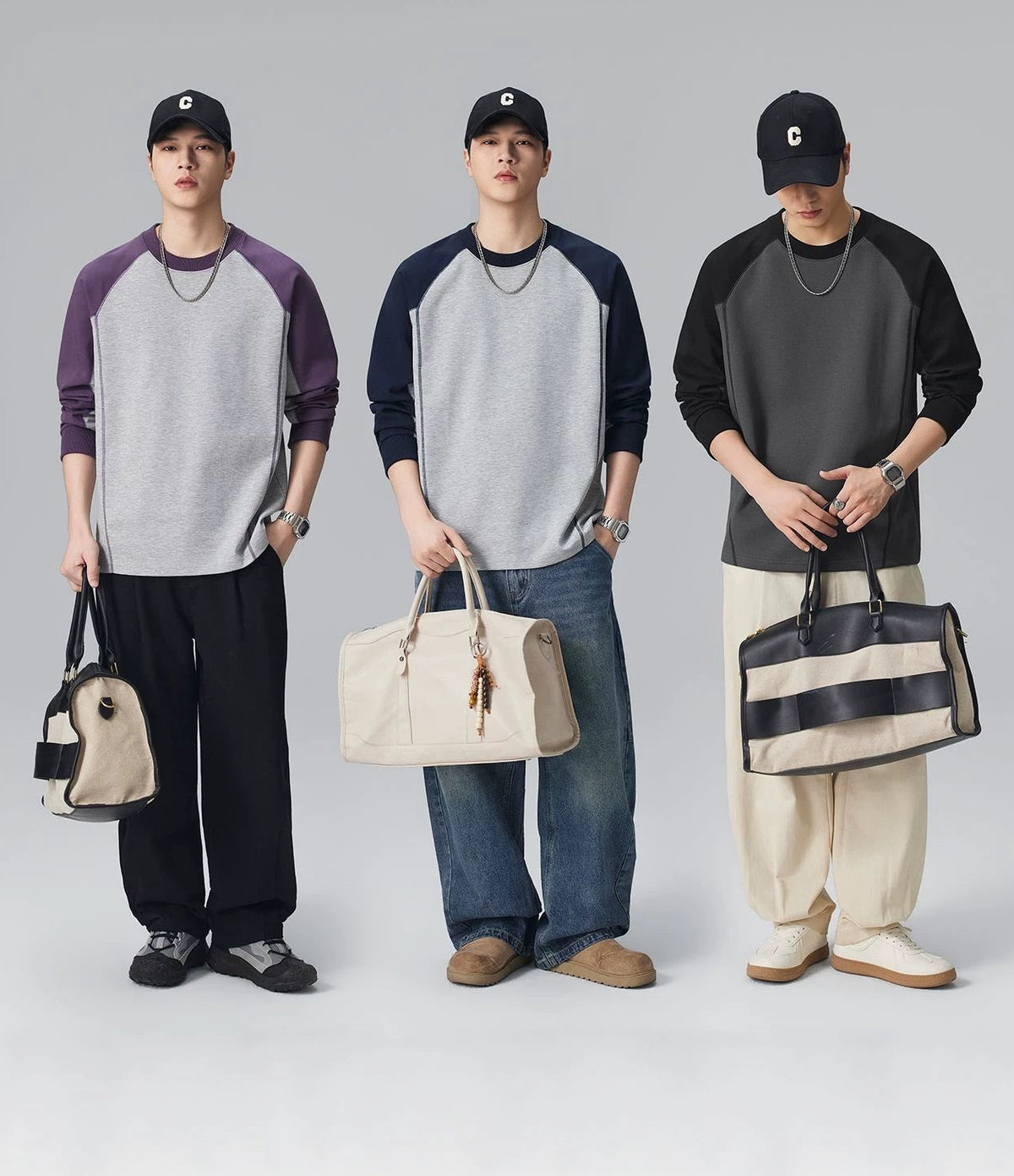 ラグランスウェットシャツを着た男性3名、パープル・ネイビー・ブラックの切替