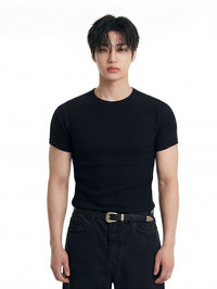 半袖ニットTシャツ メンズ — リブ編みのスリムフィットサマーニットトップス